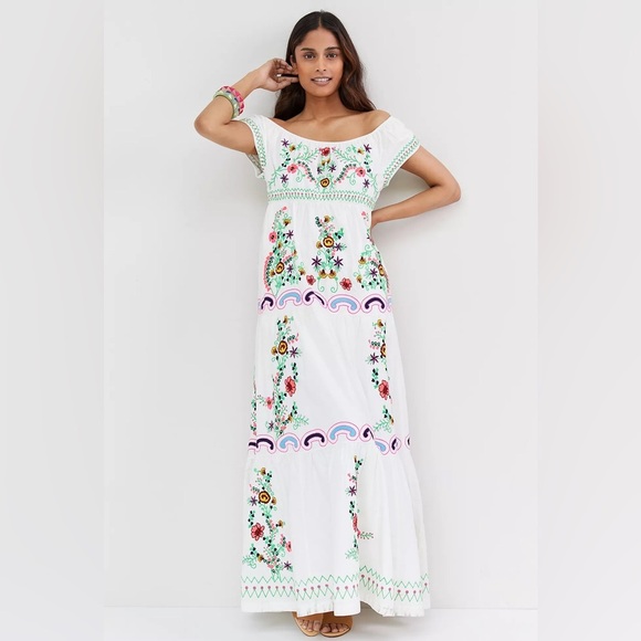 New Anthropologie Embroidered Off-The-Shoulder Maxi Dress Medium White - Picture 1 of 9